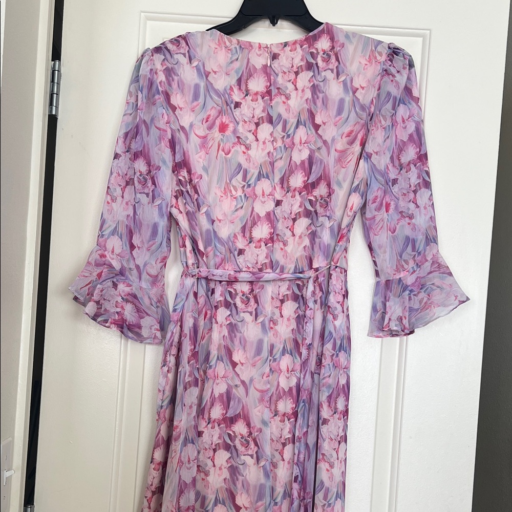 Adrianna Papell Floral Chiffon Wrap Midi Dress | Pink Purple Wedding Guest - Picture 5 of 7